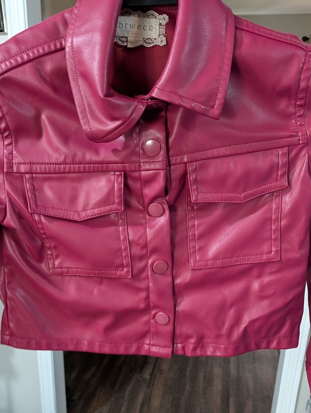 btween Hot Pink Faux Leather Cropped Jacket
